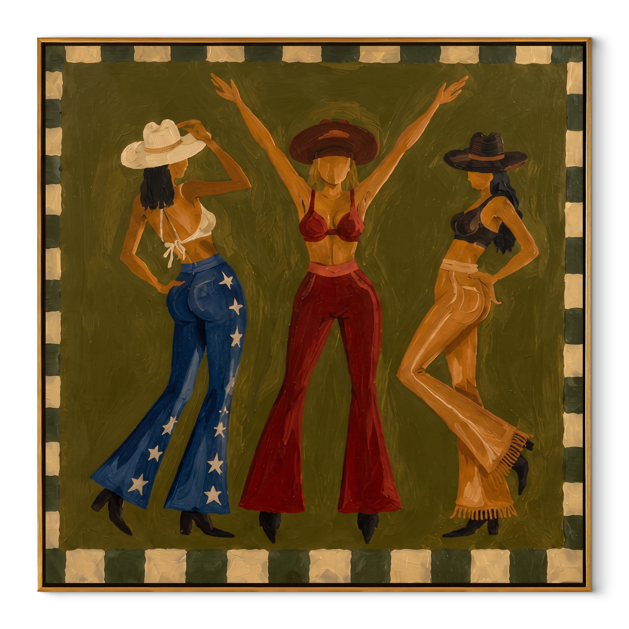 Green Room Starts Dancing - dancing cowgirls painting by Savannah Reed, modern folk art square wall art – wood frame on white background