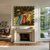 Green Room Starts Dancing - dancing cowgirls painting by Savannah Reed, modern folk art square wall art – styled room scene view 2