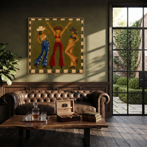 Green Room Starts Dancing - dancing cowgirls painting by Savannah Reed, modern folk art square wall art – styled room scene view 4
