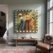 Green Room Starts Dancing - dancing cowgirls painting by Savannah Reed, modern folk art square wall art – styled room scene view 5