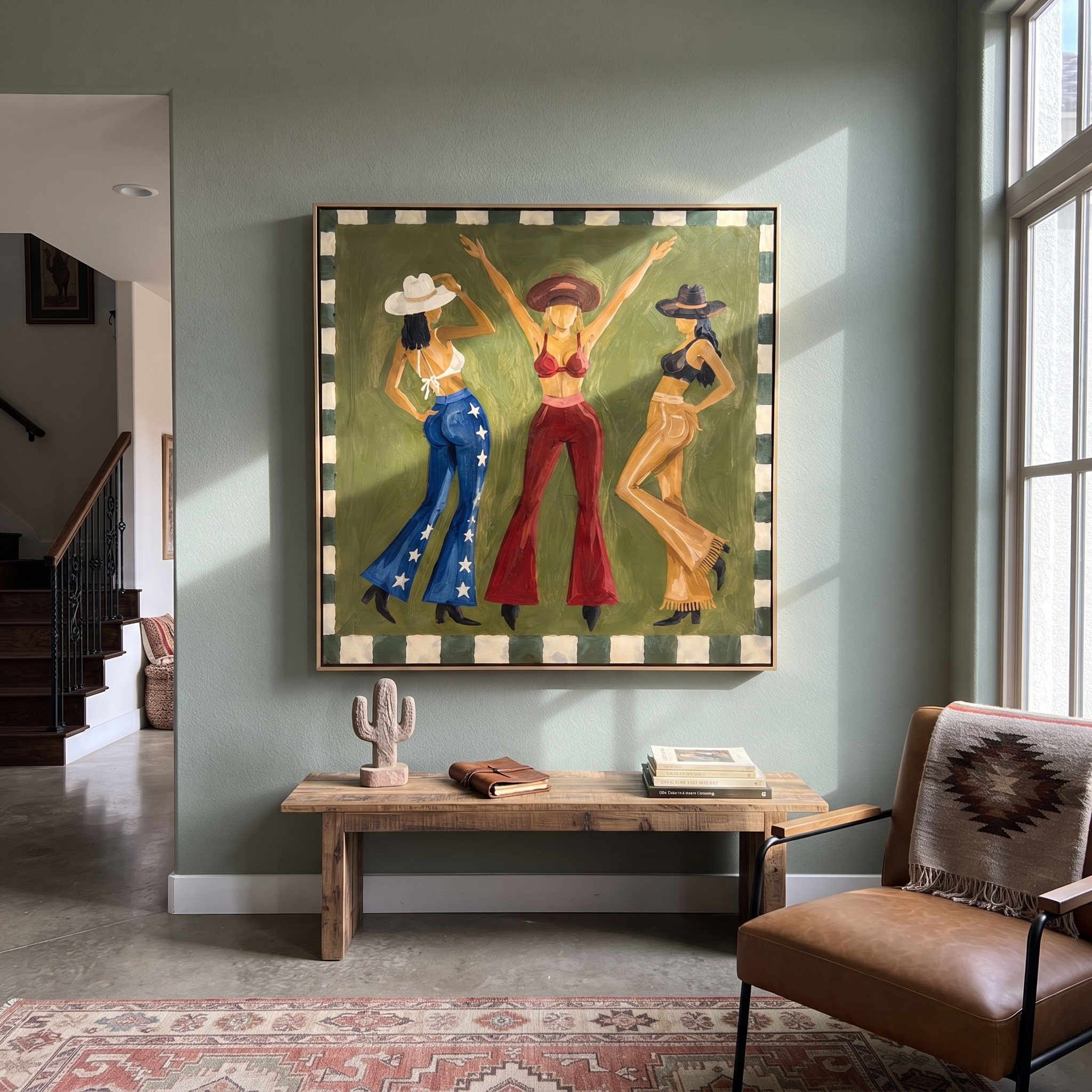 Green Room Starts Dancing - dancing cowgirls painting by Savannah Reed, modern folk art square wall art – styled room scene view 5