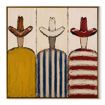 Three Hats Face Away - striped cowboy figures painting by Savannah Reed, modern folk art square wall art – wood frame on white background