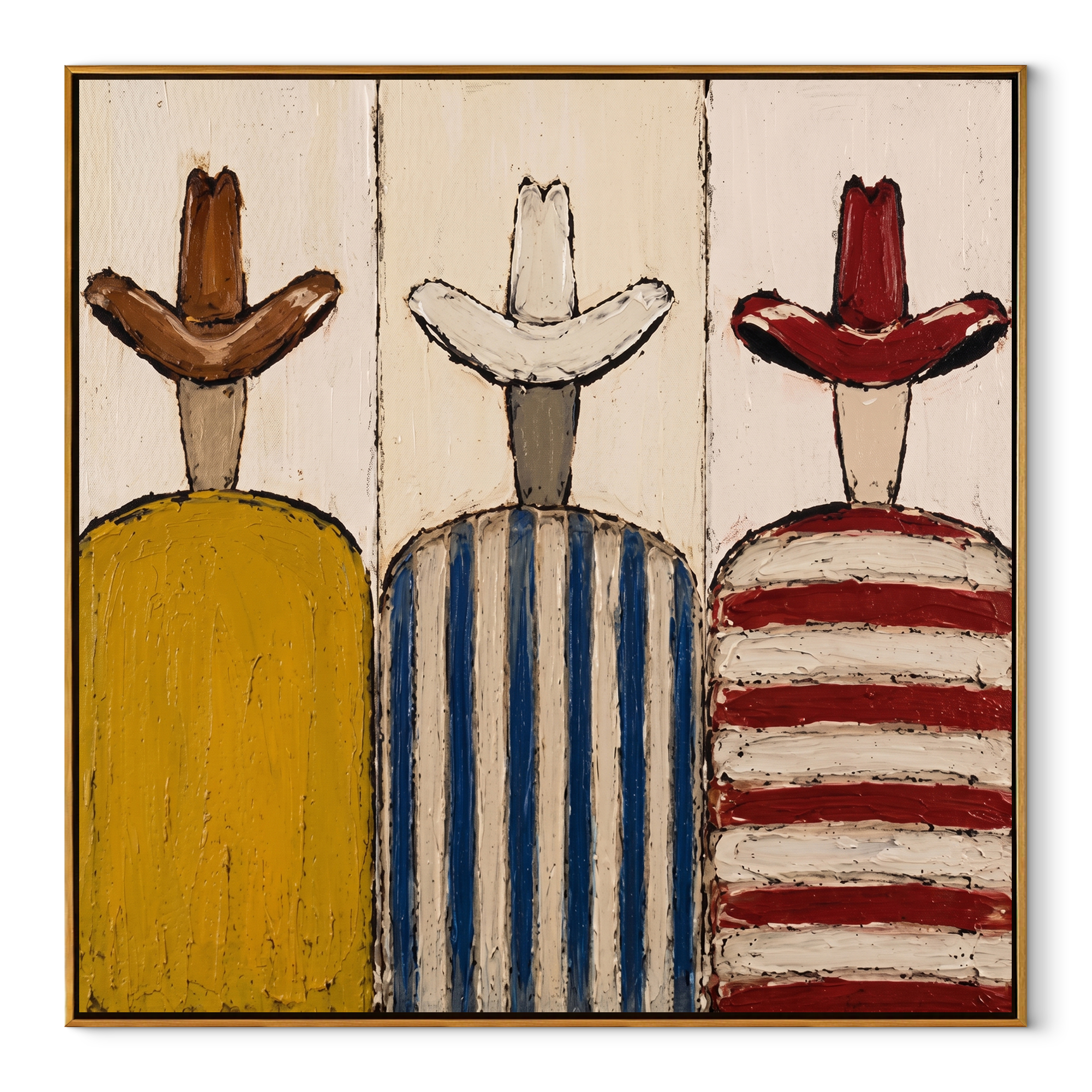 Three Hats Face Away - striped cowboy figures painting by Savannah Reed, modern folk art square wall art – wood frame on white background