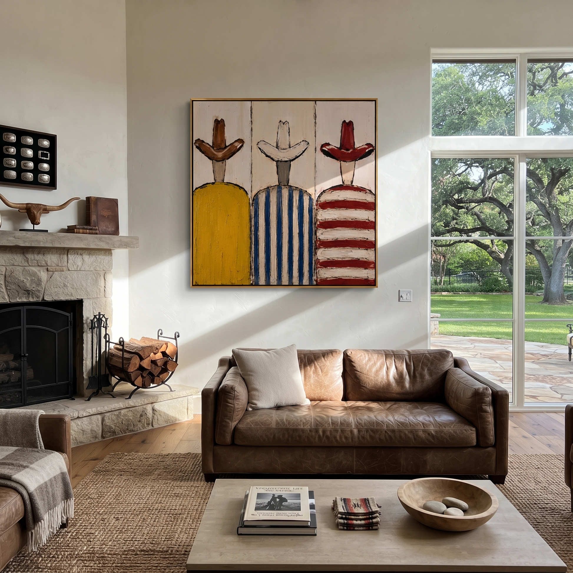 Three Hats Face Away - striped cowboy figures painting by Savannah Reed, modern folk art square wall art – styled room scene view 2