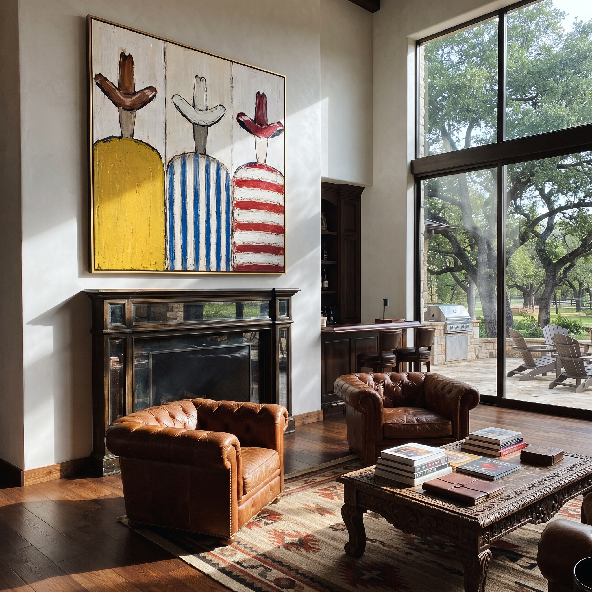 Three Hats Face Away - striped cowboy figures painting by Savannah Reed, modern folk art square wall art – styled room scene view 3
