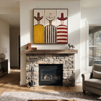 Three Hats Face Away - striped cowboy figures painting by Savannah Reed, modern folk art square wall art – styled room scene view 4