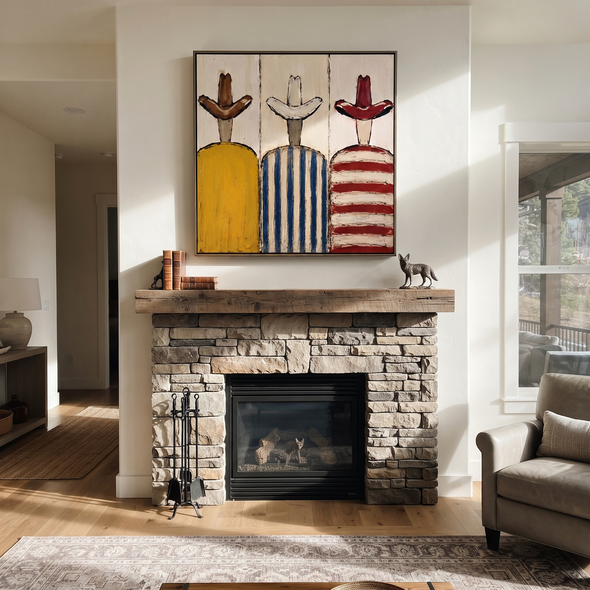 Three Hats Face Away - striped cowboy figures painting by Savannah Reed, modern folk art square wall art – styled room scene view 4