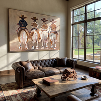 Four Riders Head Home - four horse riders painting by Savannah Reed, modern folk art horizontal wall art – styled room scene view 1