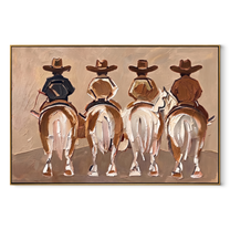 Four Riders Head Home - four horse riders painting by Savannah Reed, modern folk art horizontal wall art – wood frame on white background