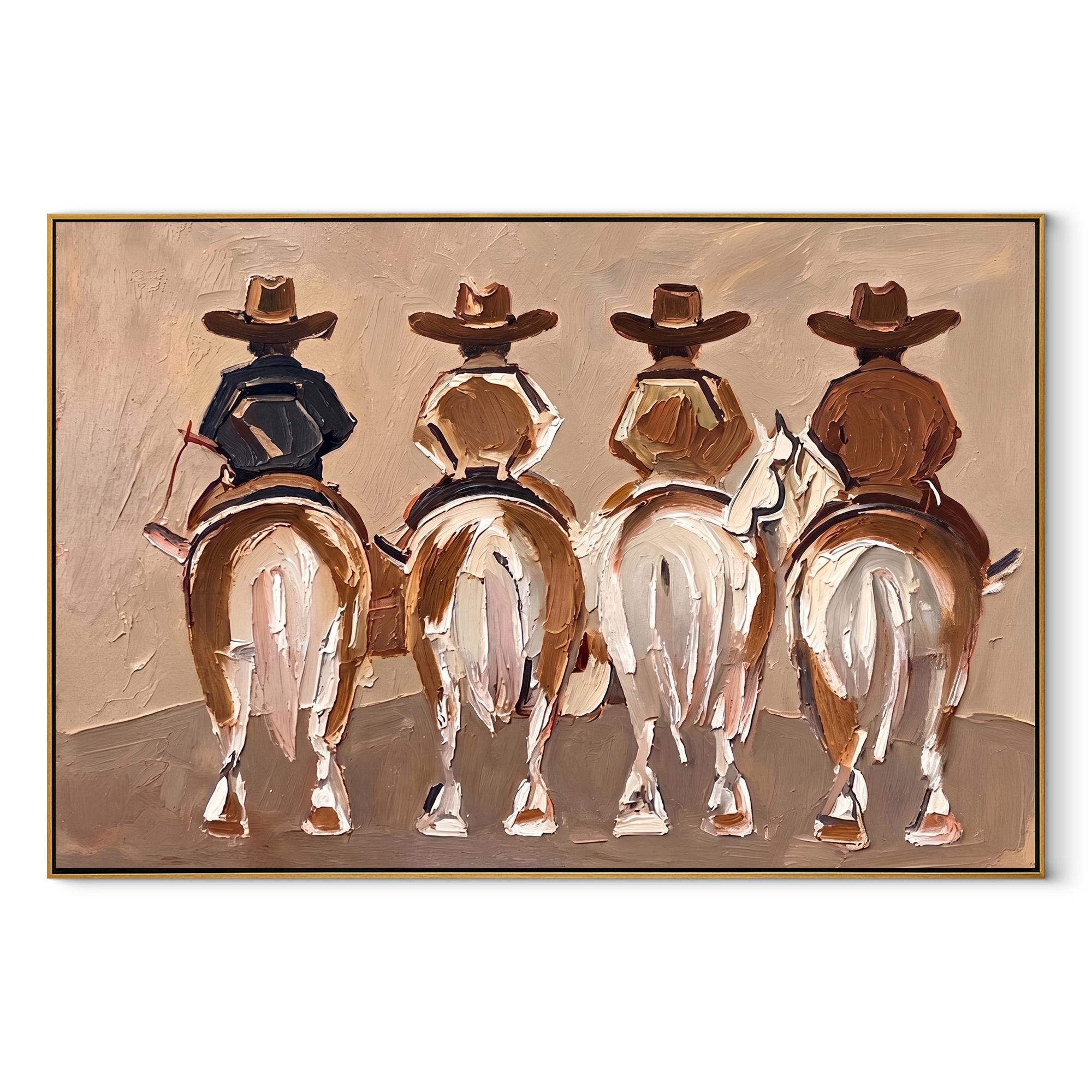 Four Riders Head Home - four horse riders painting by Savannah Reed, modern folk art horizontal wall art – wood frame on white background