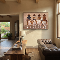 Four Riders Head Home - four horse riders painting by Savannah Reed, modern folk art horizontal wall art – styled room scene view 2