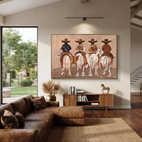 Four Riders Head Home - four horse riders painting by Savannah Reed, modern folk art horizontal wall art – styled room scene view 3