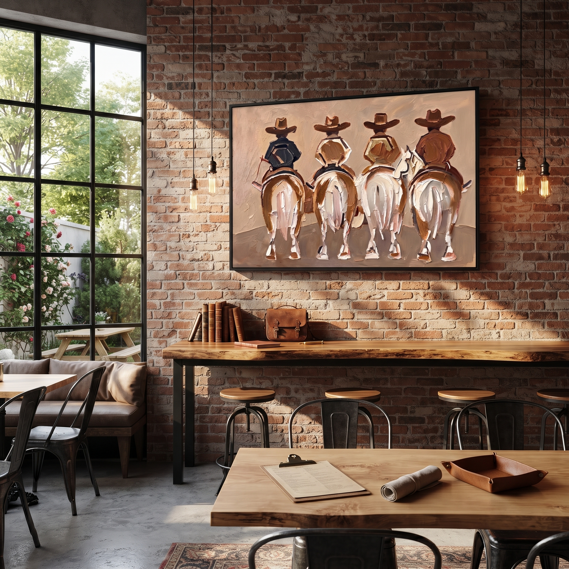 Four Riders Head Home - four horse riders painting by Savannah Reed, modern folk art horizontal wall art – styled room scene view 4