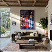 Three Patterns Own Night - graphic cowgirls fashion painting by Savannah Reed, modern folk art vertical wall art – styled room scene view 1