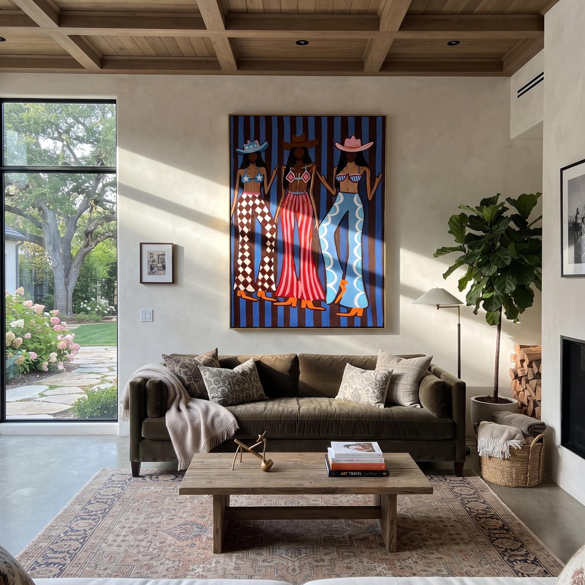 Three Patterns Own Night - graphic cowgirls fashion painting by Savannah Reed, modern folk art vertical wall art – styled room scene view 1