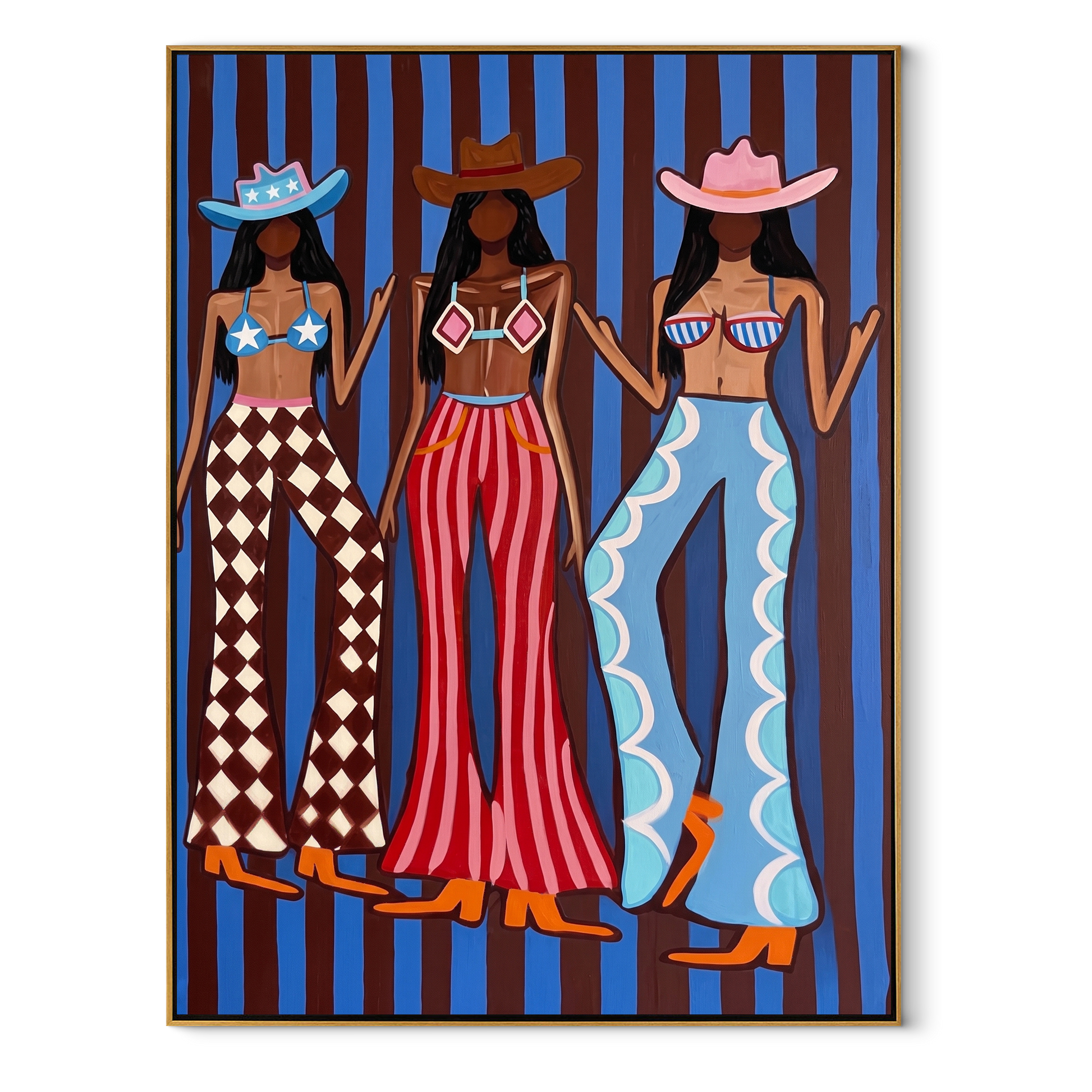 Three Patterns Own Night - graphic cowgirls fashion painting by Savannah Reed, modern folk art vertical wall art – wood frame on white background