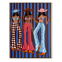 Three Patterns Own Night - graphic cowgirls fashion painting by Savannah Reed, modern folk art vertical wall art – wood frame on white background