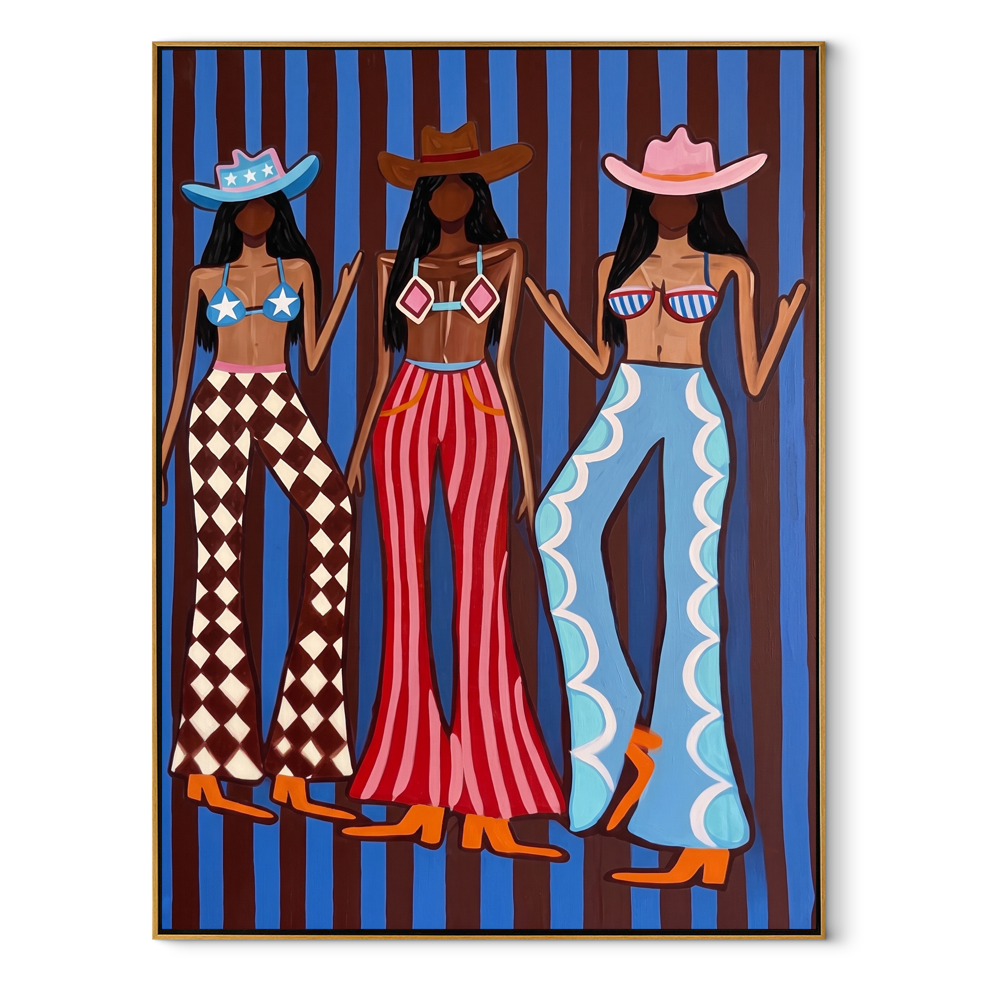 Three Patterns Own Night - graphic cowgirls fashion painting by Savannah Reed, modern folk art vertical wall art – wood frame on white background