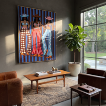 Three Patterns Own Night - graphic cowgirls fashion painting by Savannah Reed, modern folk art vertical wall art – styled room scene view 2