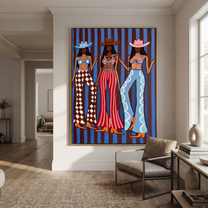 Three Patterns Own Night - graphic cowgirls fashion painting by Savannah Reed, modern folk art vertical wall art – styled room scene view 3