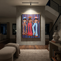 Three Patterns Own Night - graphic cowgirls fashion painting by Savannah Reed, modern folk art vertical wall art – styled room scene view 4