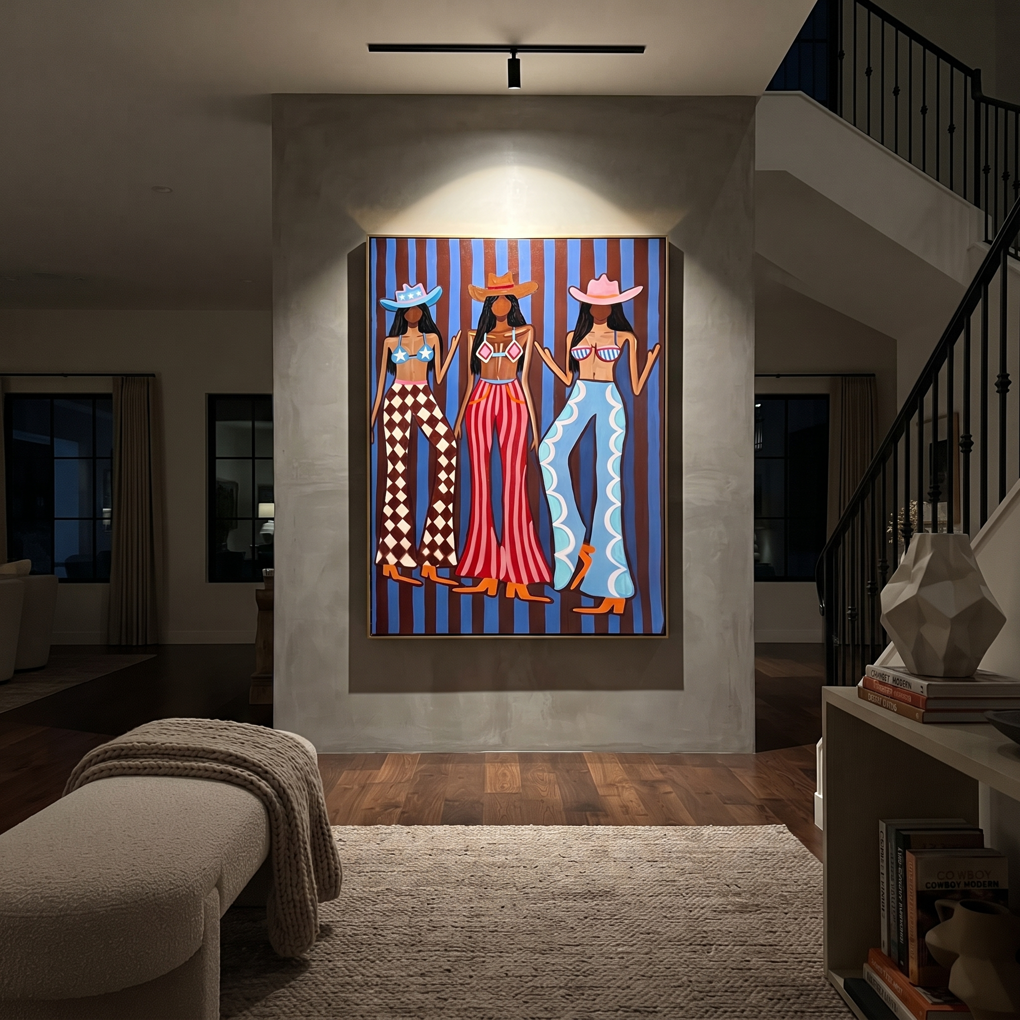 Three Patterns Own Night - graphic cowgirls fashion painting by Savannah Reed, modern folk art vertical wall art – styled room scene view 4