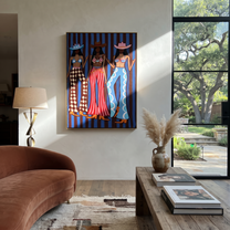 Three Patterns Own Night - graphic cowgirls fashion painting by Savannah Reed, modern folk art vertical wall art – styled room scene view 5
