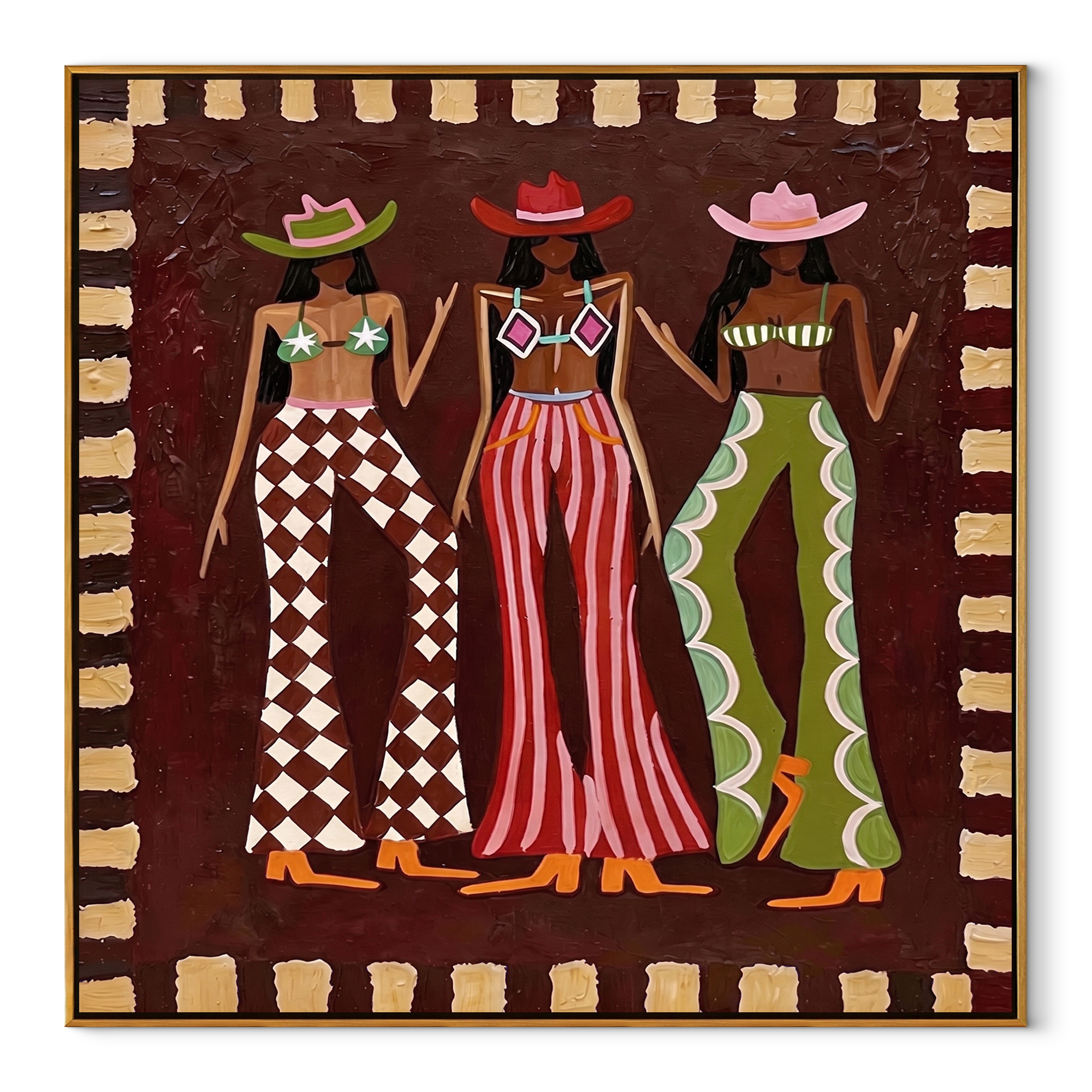 Three Patterns Hold Court - patterned cowgirls portrait painting by Savannah Reed, modern folk art square wall art – wood frame on white background