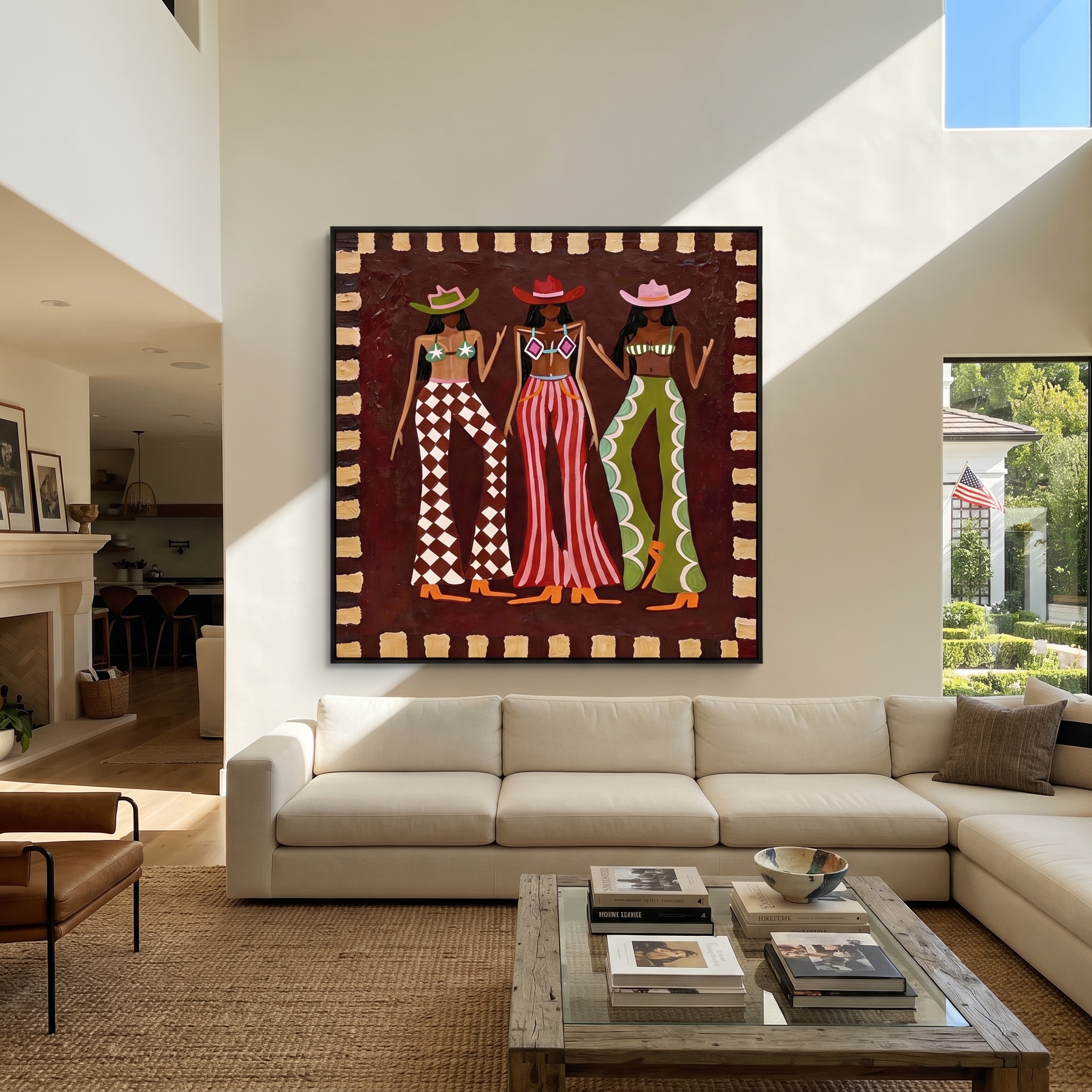 Three Patterns Hold Court - patterned cowgirls portrait painting by Savannah Reed, modern folk art square wall art – styled room scene view 2