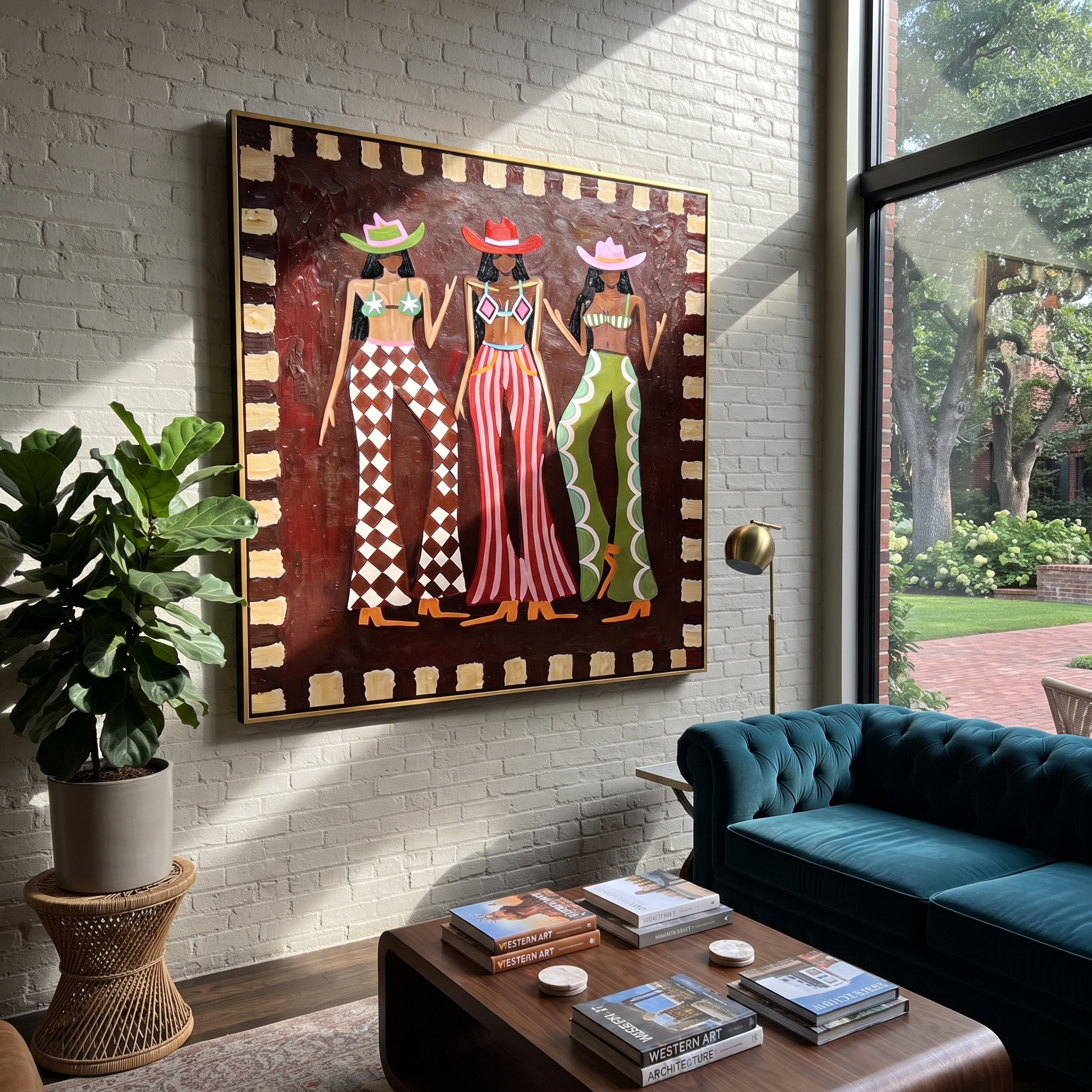 Three Patterns Hold Court - patterned cowgirls portrait painting by Savannah Reed, modern folk art square wall art – styled room scene view 3