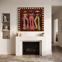 Three Patterns Hold Court - patterned cowgirls portrait painting by Savannah Reed, modern folk art square wall art – styled room scene view 4