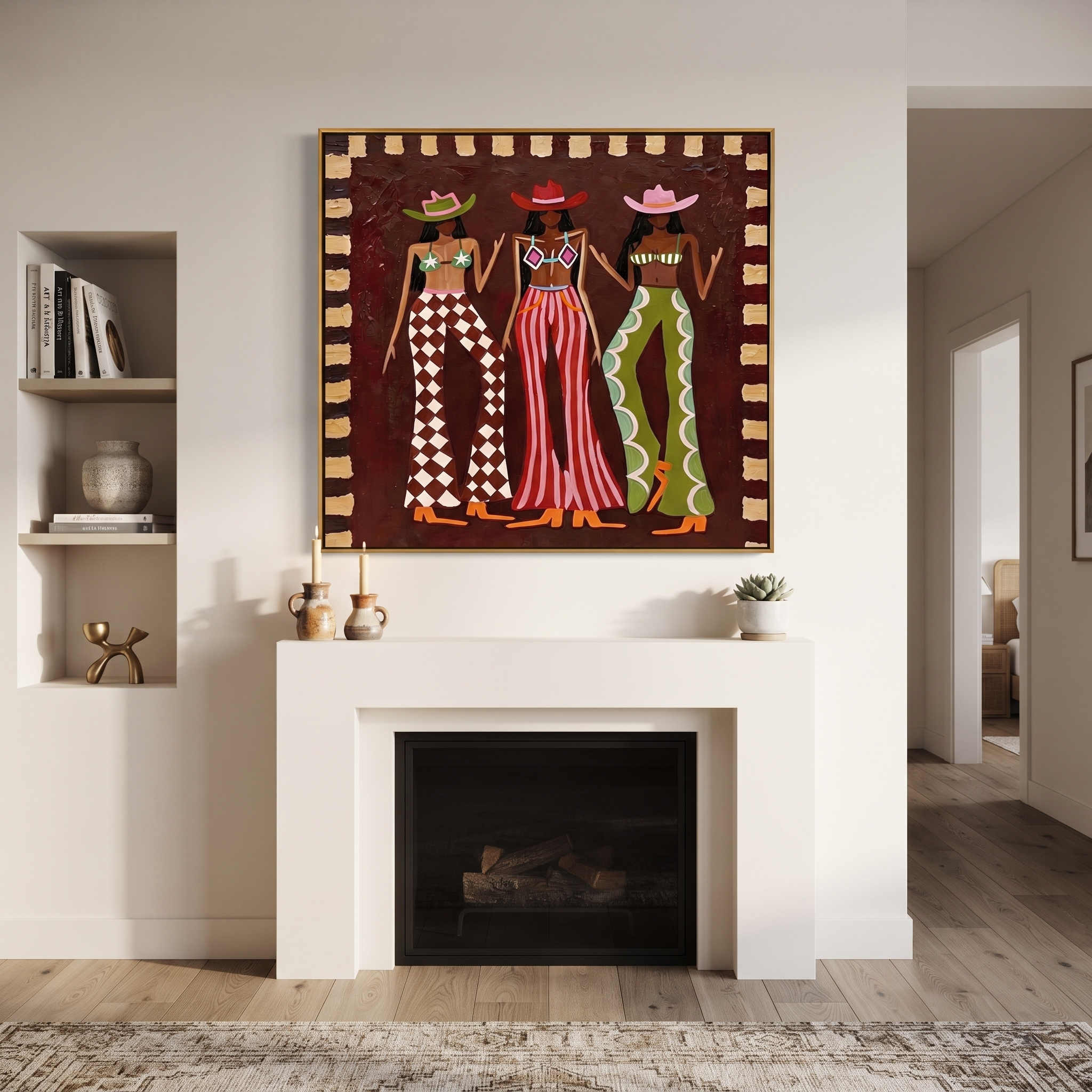 Three Patterns Hold Court - patterned cowgirls portrait painting by Savannah Reed, modern folk art square wall art – styled room scene view 4