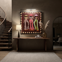Three Patterns Hold Court - patterned cowgirls portrait painting by Savannah Reed, modern folk art square wall art – styled room scene view 5