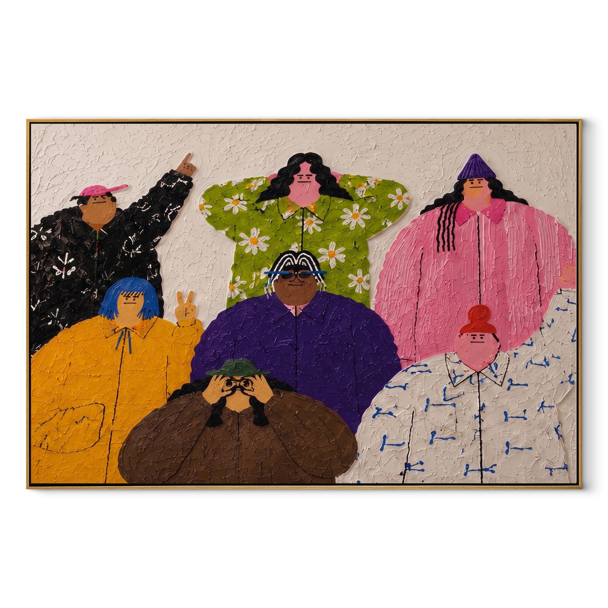 Family Faces the Day - colorful folk family portrait painting by Savannah Reed, modern folk art horizontal wall art – wood frame on white background