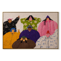 Family Faces the Day - colorful folk family portrait painting by Savannah Reed, modern folk art horizontal wall art – wood frame on white background