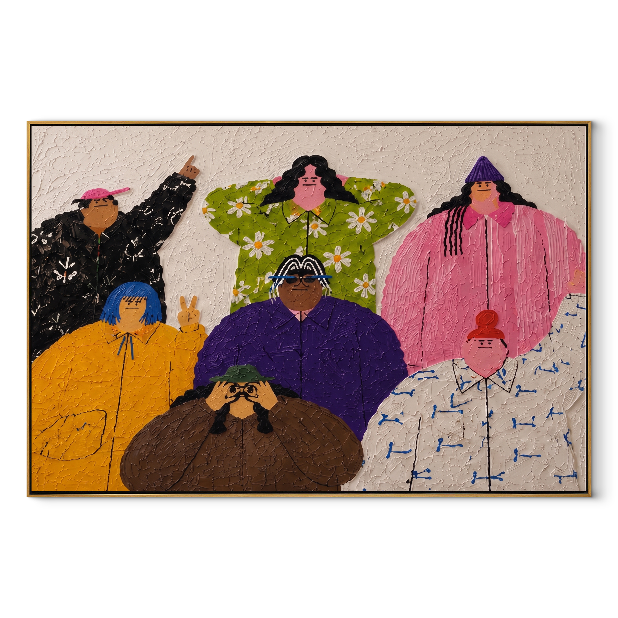 Family Faces the Day - colorful folk family portrait painting by Savannah Reed, modern folk art horizontal wall art – wood frame on white background