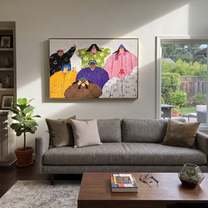 Family Faces the Day - colorful folk family portrait painting by Savannah Reed, modern folk art horizontal wall art – styled room scene view 2