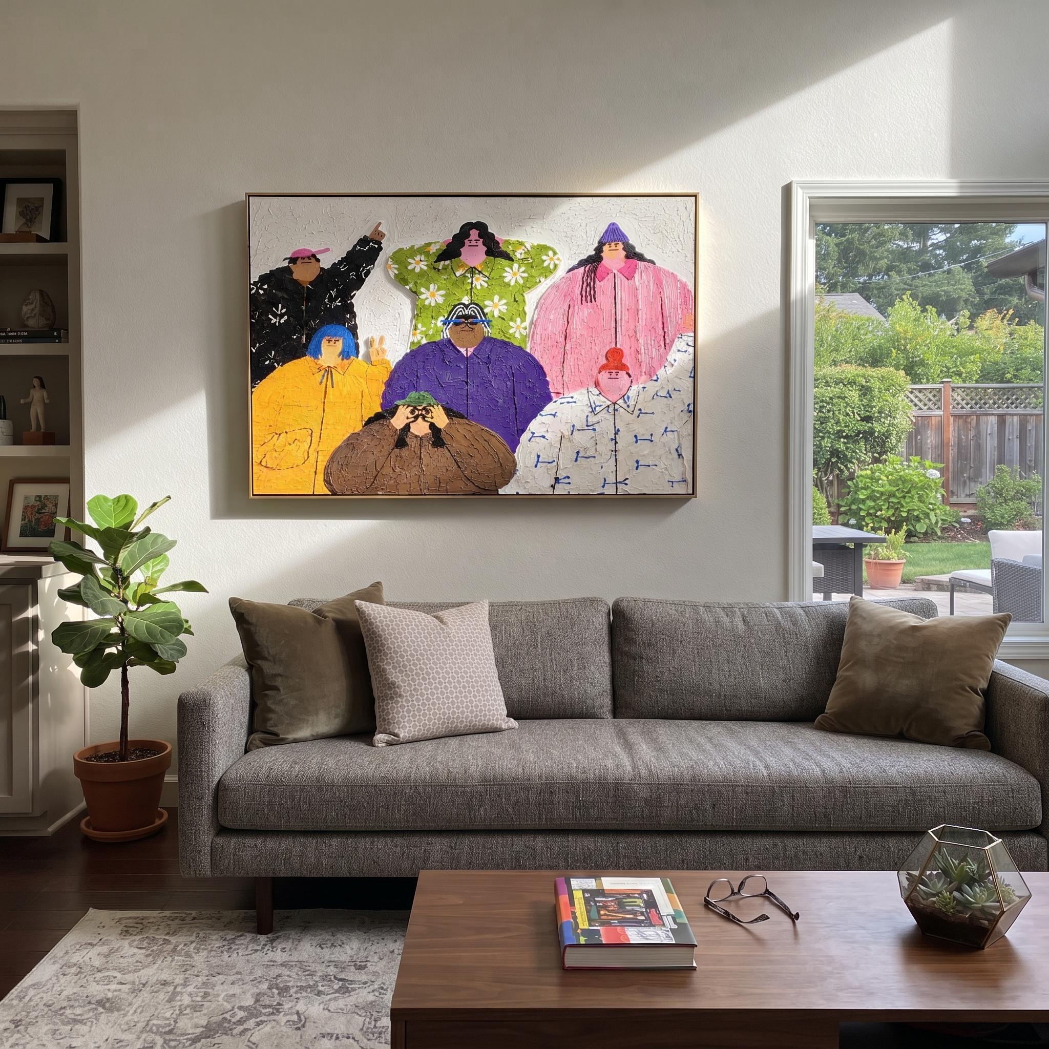Family Faces the Day - colorful folk family portrait painting by Savannah Reed, modern folk art horizontal wall art – styled room scene view 2