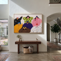 Family Faces the Day - colorful folk family portrait painting by Savannah Reed, modern folk art horizontal wall art – styled room scene view 3