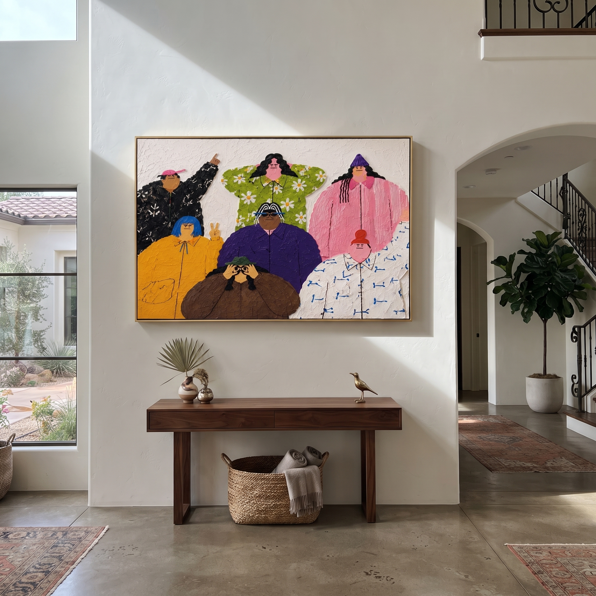 Family Faces the Day - colorful folk family portrait painting by Savannah Reed, modern folk art horizontal wall art – styled room scene view 3
