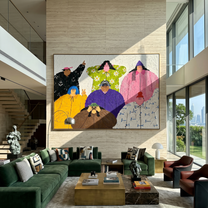 Family Faces the Day - colorful folk family portrait painting by Savannah Reed, modern folk art horizontal wall art – styled room scene view 4