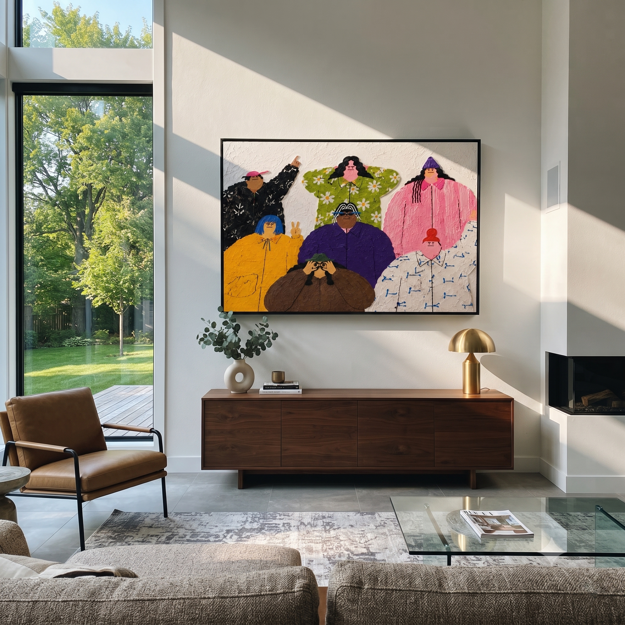Family Faces the Day - colorful folk family portrait painting by Savannah Reed, modern folk art horizontal wall art – styled room scene view 5