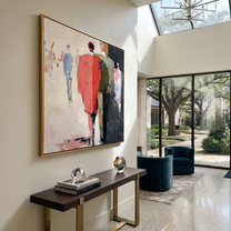 Red Coat Leads Home - abstract figurative crowd painting by Savannah Reed, modern folk art square wall art – styled room scene view 1