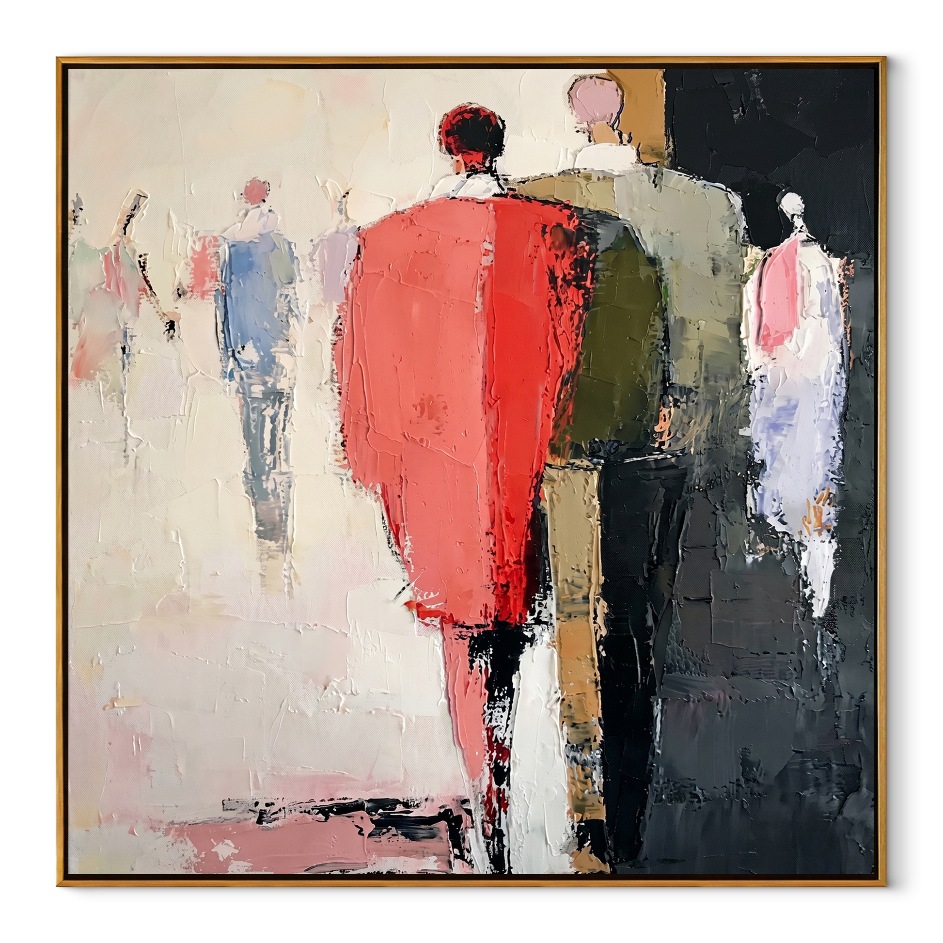 Red Coat Leads Home - abstract figurative crowd painting by Savannah Reed, modern folk art square wall art – wood frame on white background