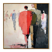 Red Coat Leads Home - abstract figurative crowd painting by Savannah Reed, modern folk art square wall art – wood frame on white background