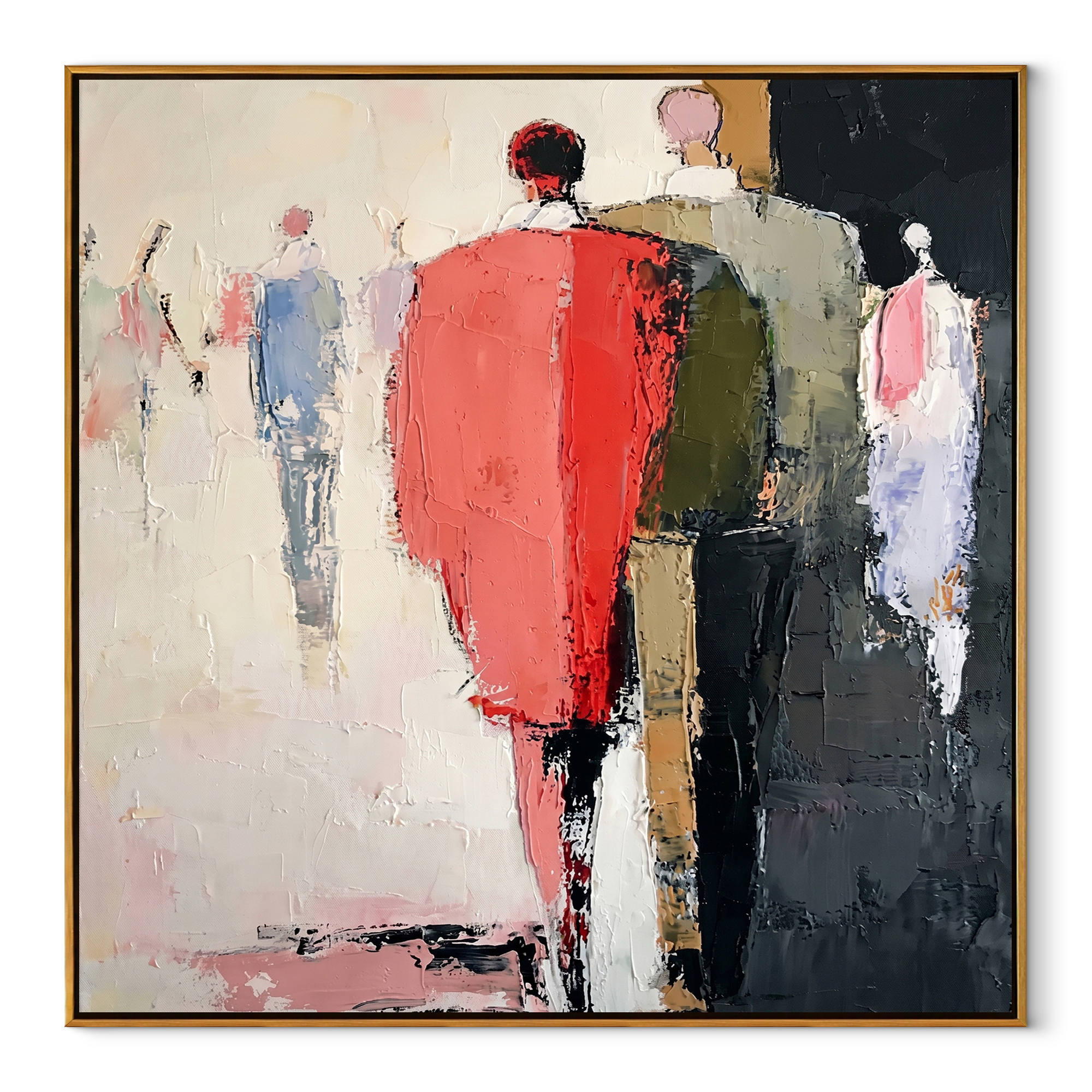 Red Coat Leads Home - abstract figurative crowd painting by Savannah Reed, modern folk art square wall art – wood frame on white background