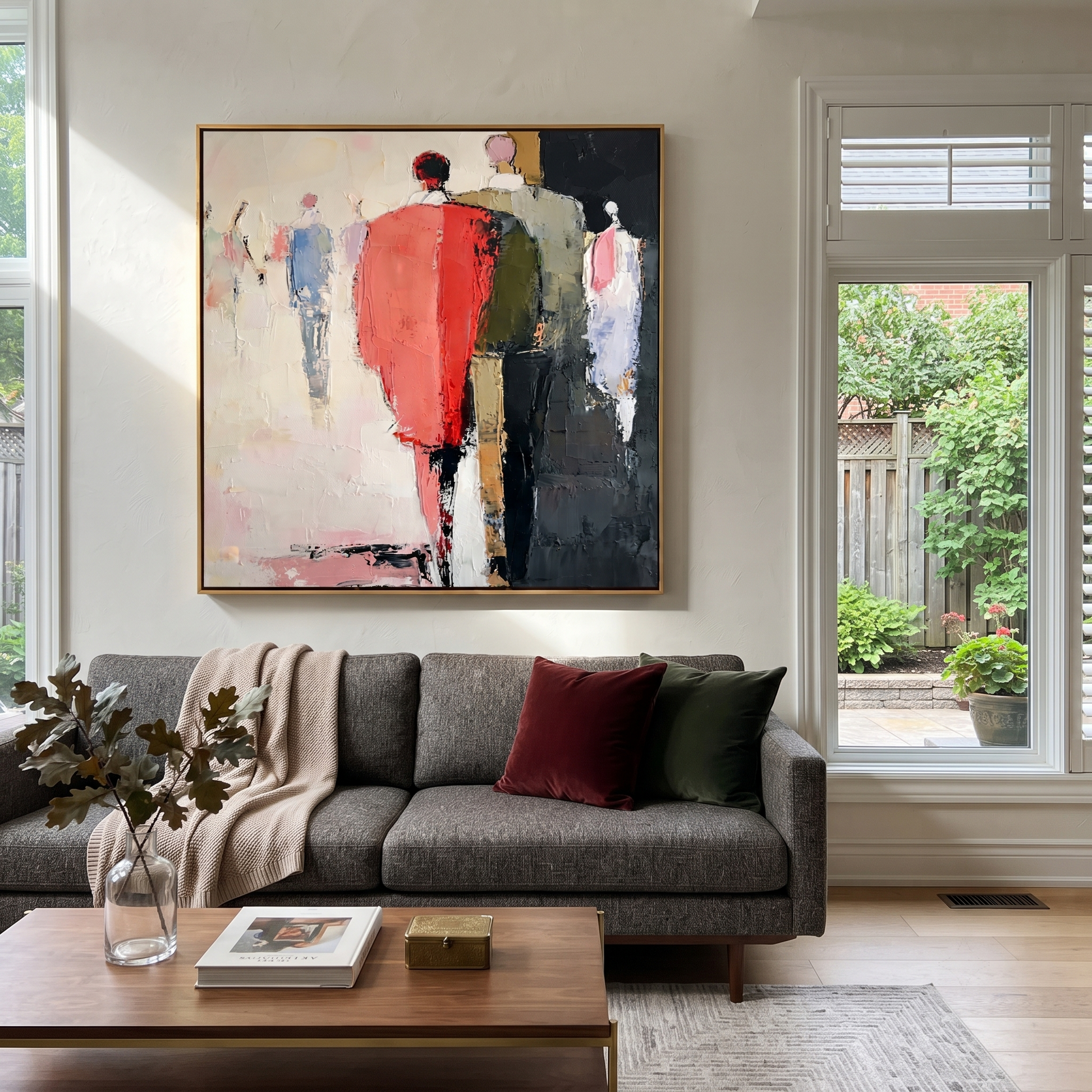 Red Coat Leads Home - abstract figurative crowd painting by Savannah Reed, modern folk art square wall art – styled room scene view 2