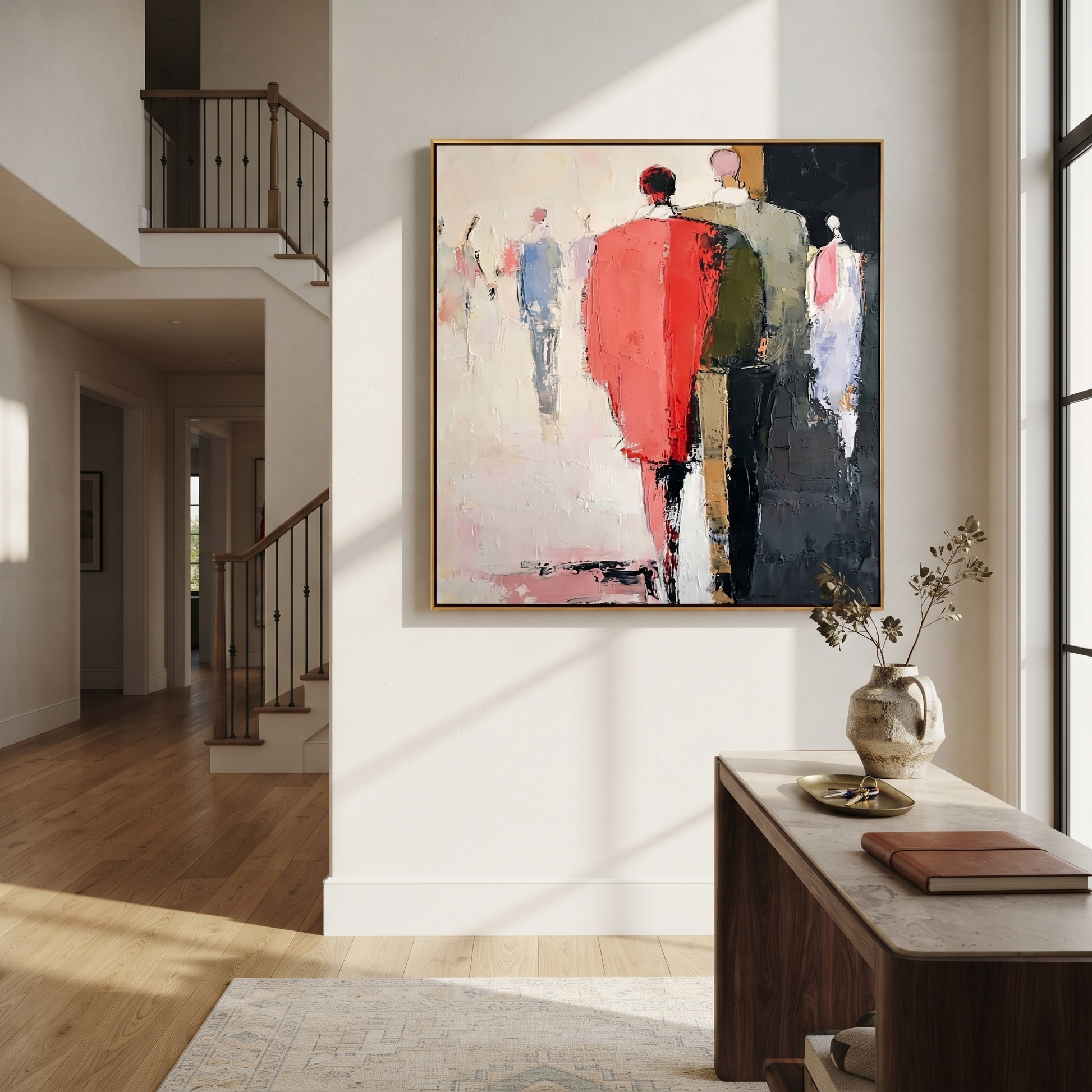 Red Coat Leads Home - abstract figurative crowd painting by Savannah Reed, modern folk art square wall art – styled room scene view 3