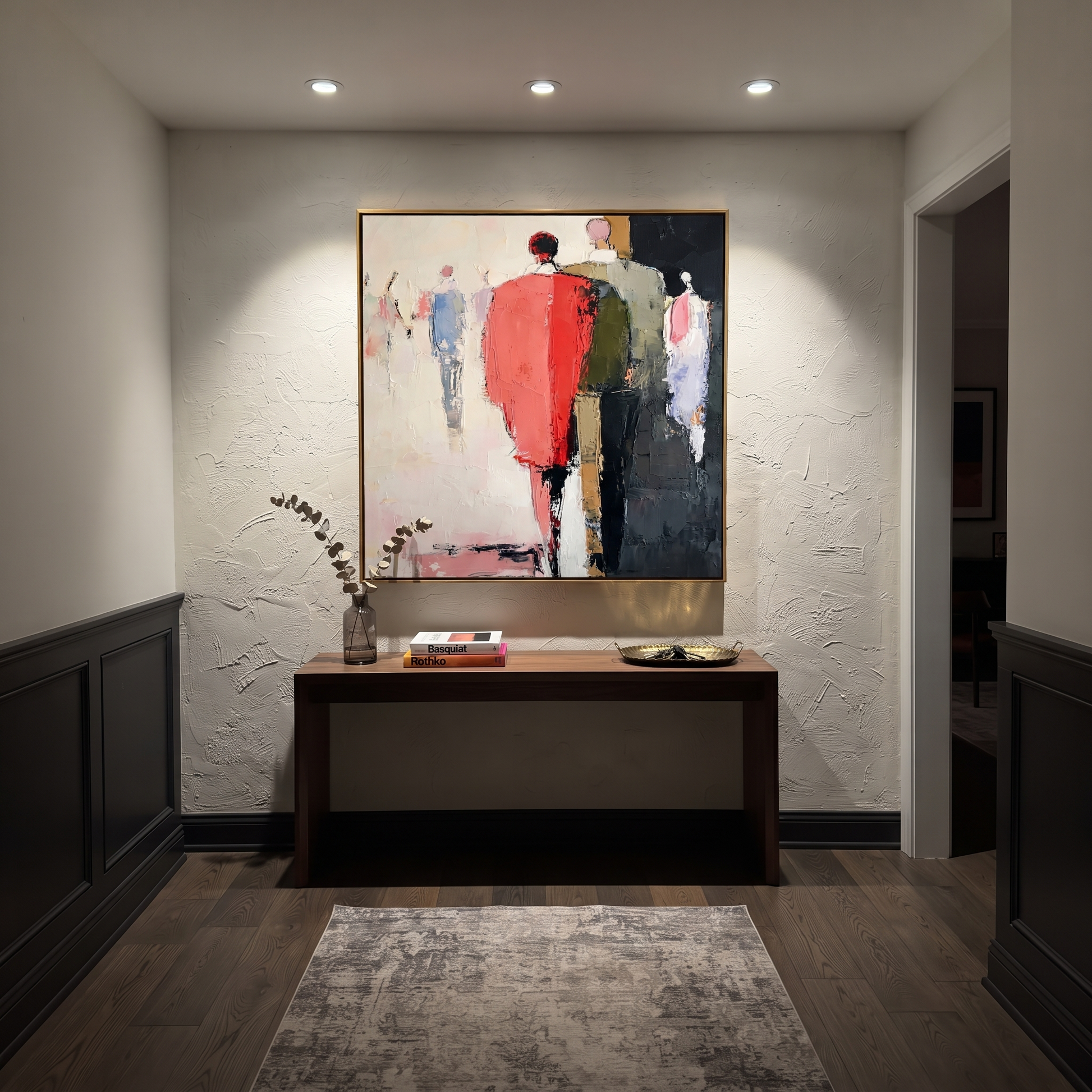 Red Coat Leads Home - abstract figurative crowd painting by Savannah Reed, modern folk art square wall art – styled room scene view 4