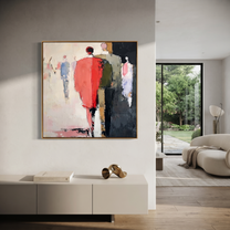Red Coat Leads Home - abstract figurative crowd painting by Savannah Reed, modern folk art square wall art – styled room scene view 5